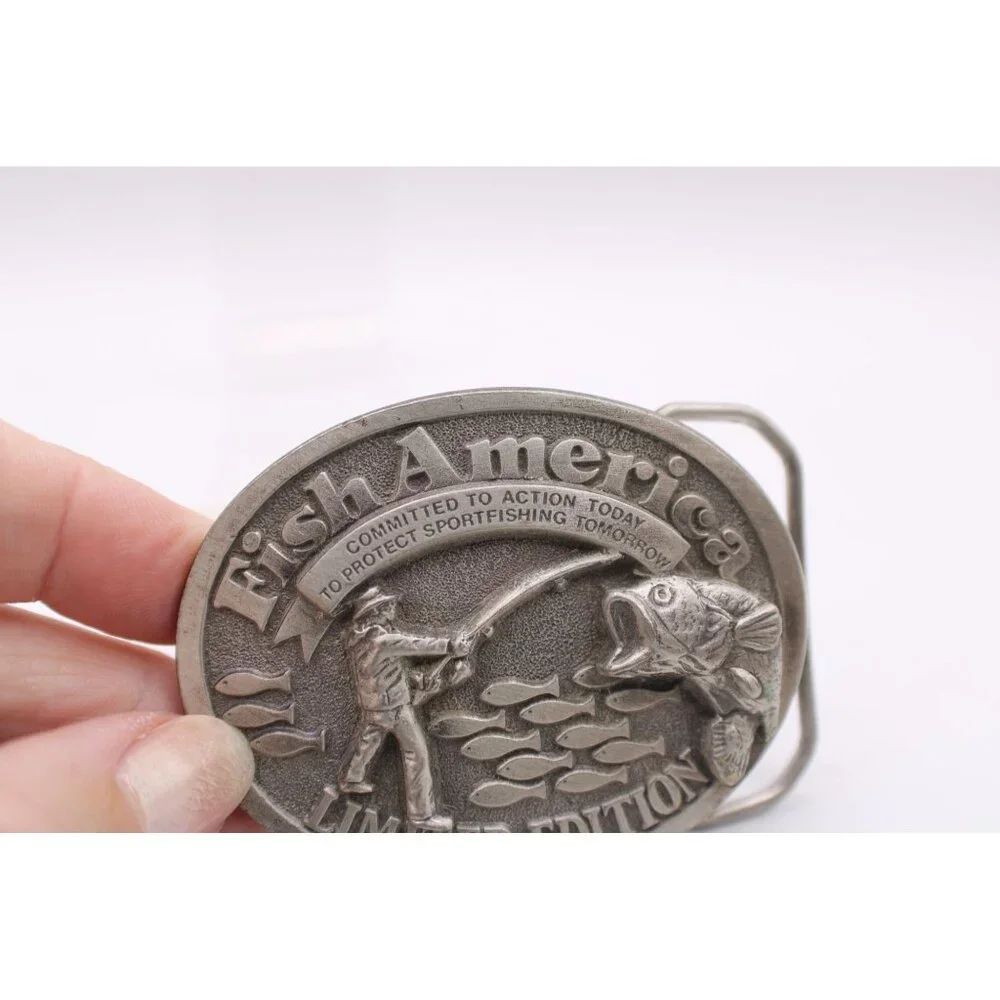 Fish America Belt Buckle Oval Design Sportfishing Pewter Ltd Edt USA Made Vtg